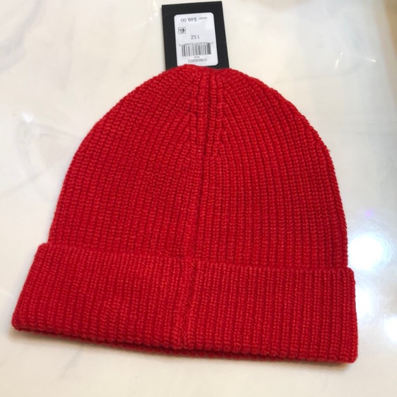 DKNY Ribbed Knit Cuffed Beanie Hat Color Scarlet Red Logo Accent OS NWT - Picture 10 of 15